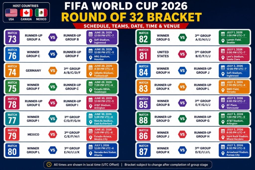Printable FIFA World Cup 2026 Round of 32 Bracket PDF